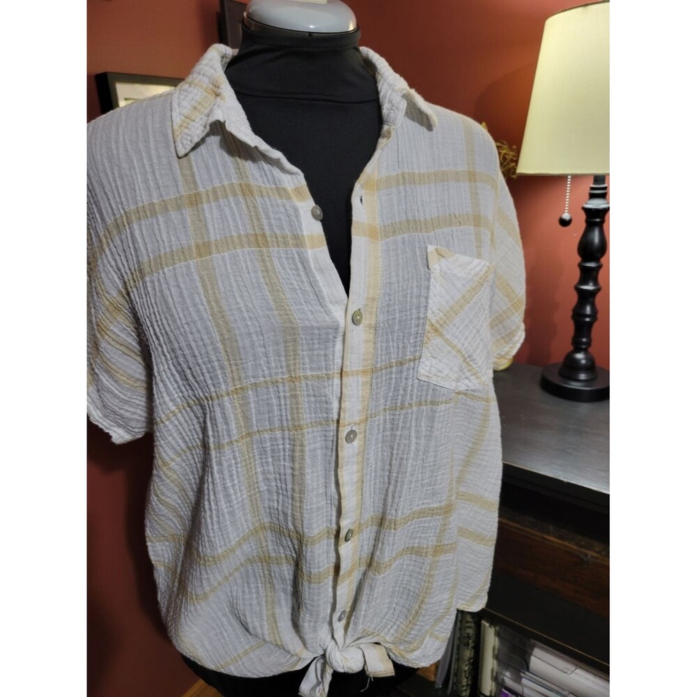 Liverpool Women's XL White and Light Tan Plaid Boho Chic Coastal Casual 90's Gru